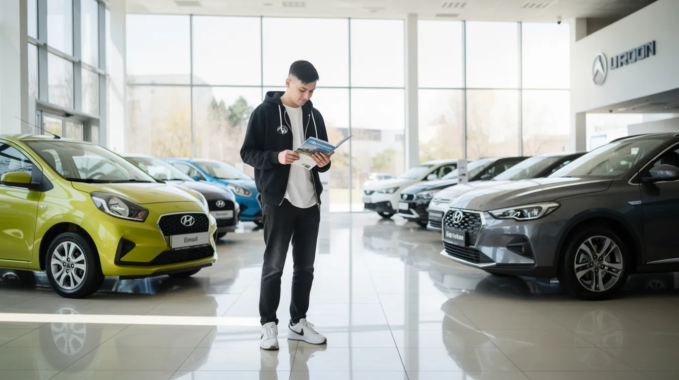 Ein junger Autofahrer steht in einem Autohaus und vergleicht verschiedene Fahrzeuge, darunter Kleinwagen wie den Toyota Yaris Cross Hybrid und größere Modelle wie den Jeep Grand Cherokee. Im Hintergrund sind mehrere Autos aus unterschiedlichen Typklassen zu sehen, was für die kfz Versicherung und deren Einstufung von Bedeutung ist.