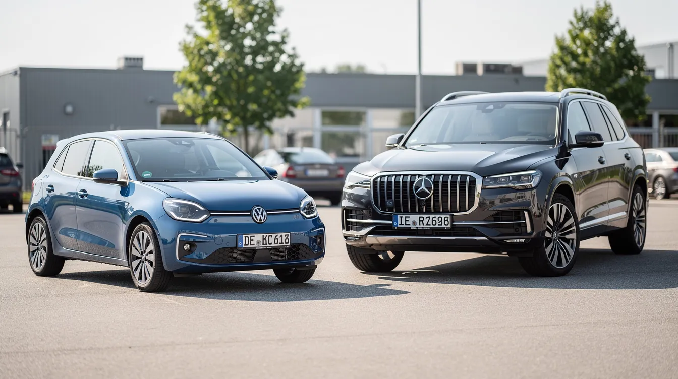 Auf dem Parkplatz stehen nebeneinander ein kleines deutsches Auto, ein Toyota Yaris Cross Hybrid, und ein großes deutsches SUV, ein Jeep Grand Cherokee 3.6. Diese beiden Fahrzeuge repräsentieren unterschiedliche Fahrzeugtypen und könnten verschiedene Typklassen in der Kfz-Versicherung aufweisen.