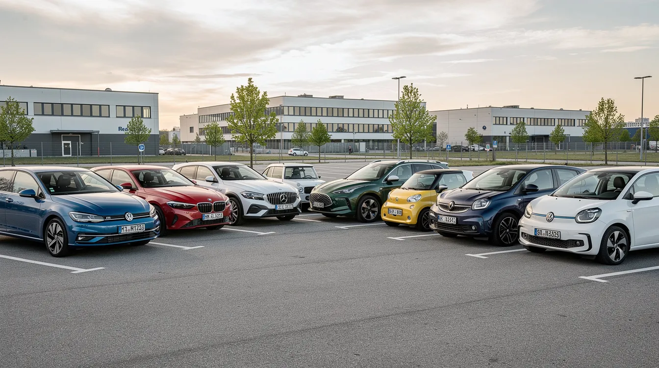 Auf dem Parkplatz stehen zehn verschiedene deutsche Autos unterschiedlicher Marken nebeneinander, darunter Modelle wie der BMW 730d und der Toyota Yaris Cross Hybrid. Diese Vielfalt an Fahrzeugen zeigt die unterschiedlichen Typklassen in der Kfz-Versicherung und bietet einen Einblick in die aktuellen Kfz-Modelle auf dem Markt.